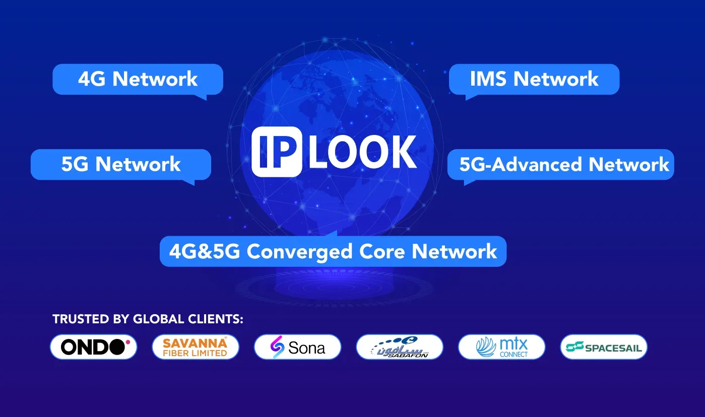 Marketing graphic for IPLOOK's 4G&5G Converged Core Network solution, featuring the brand logo, icons for supported network types (IMS, 5G-Advanced), and a row of trusted global client logos.